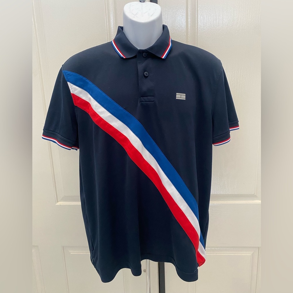 Tommy Hilfiger Sport Navy Blue with Red and White Stripes Polo Shirt Sz L